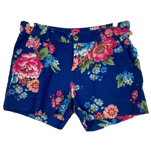 Joules Original Shorts Womens Sz 4 Blue Pink Floral Cotton Twill Chino‎ Pockets - Picture 1 of 11